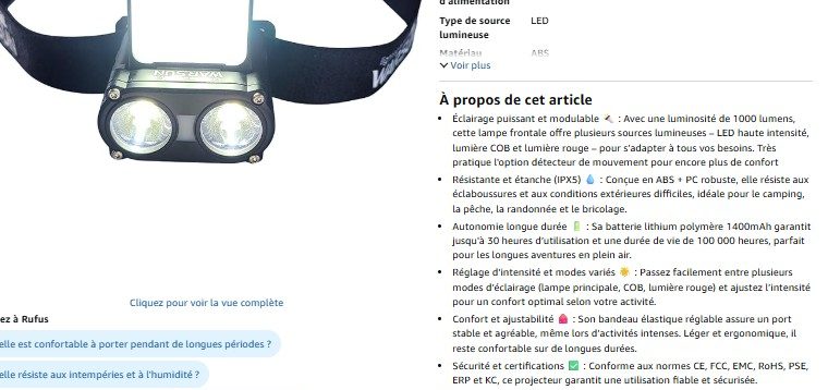 exemple de bullets points efficaces sur amazon lampe frontale avec texte de presentation