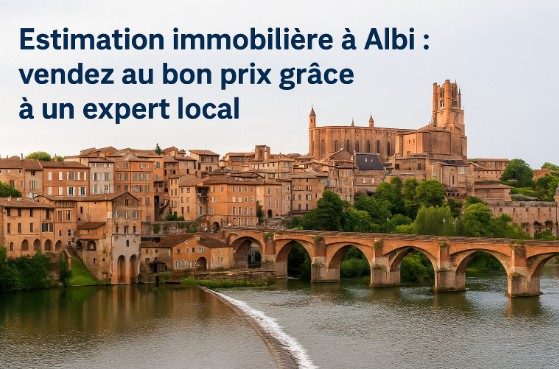 photo du vieil albi avec la cathédrale et texte indiquant mon activité agent immobilier