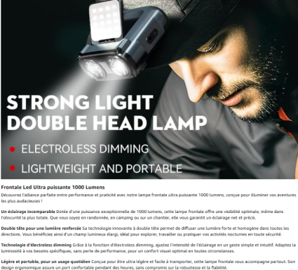 lampe led ultra puissante sur la têt d'un randonneur