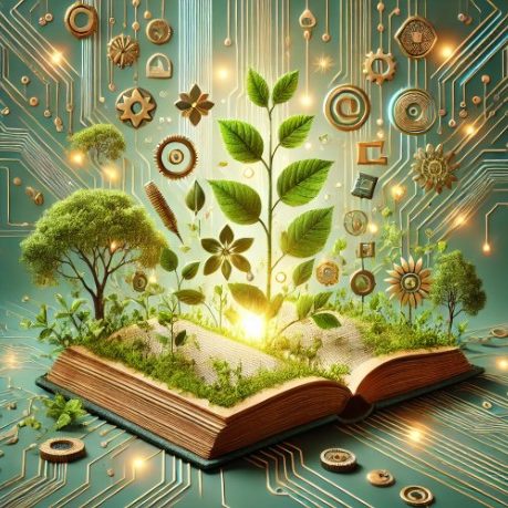 Un livre ouvert avec une plante et des symboles technologiques illuminés autour.
